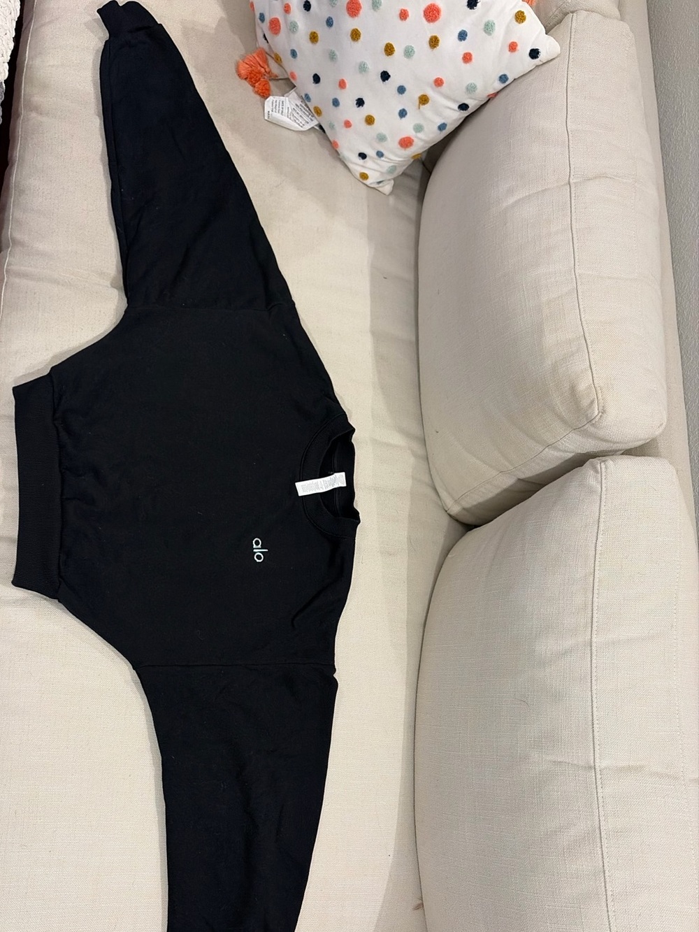 ALO Yoga Black Cropped Crewneck Sweatshirt with Small White Logo